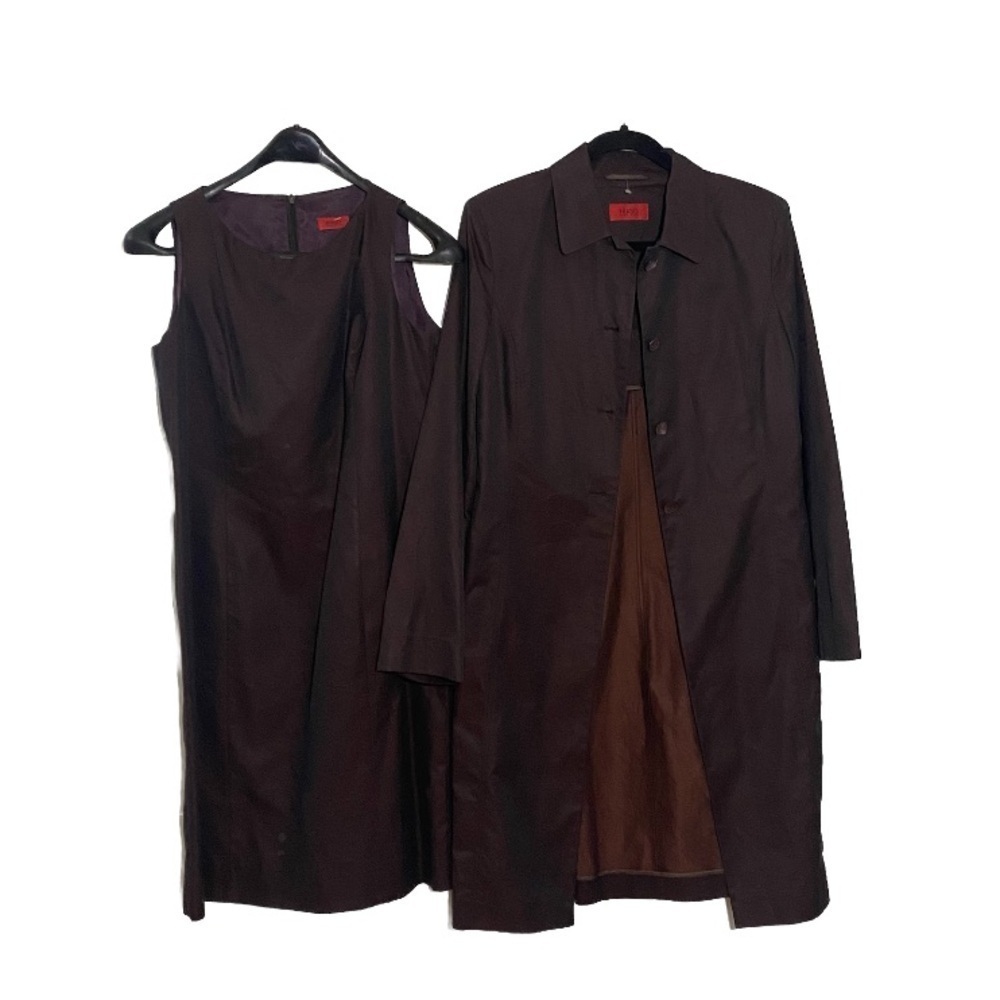 HUGO BOSS matching  sleeveless midi dress and coat for women. Maroon size S-M